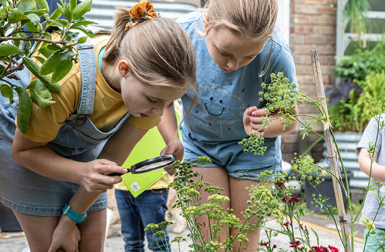 Photo of two young girls looking down at plants through magnifying glass