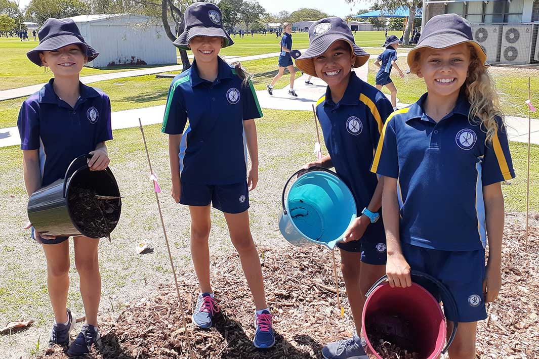 Group of school children working on outdoor learning project