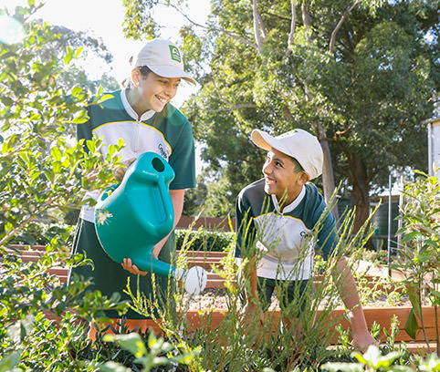 Image Description: Two school children wearing white hats, watering a garden.