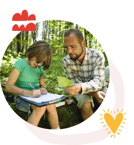Image Description: Outdoor classroom with teacher showing student a leaf. Student sits with clipboard and pencil.