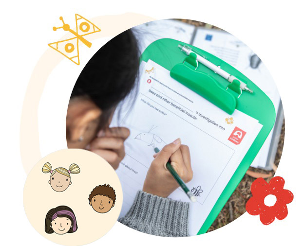 Image Description: Child completing activity sheet on a green clipboard.