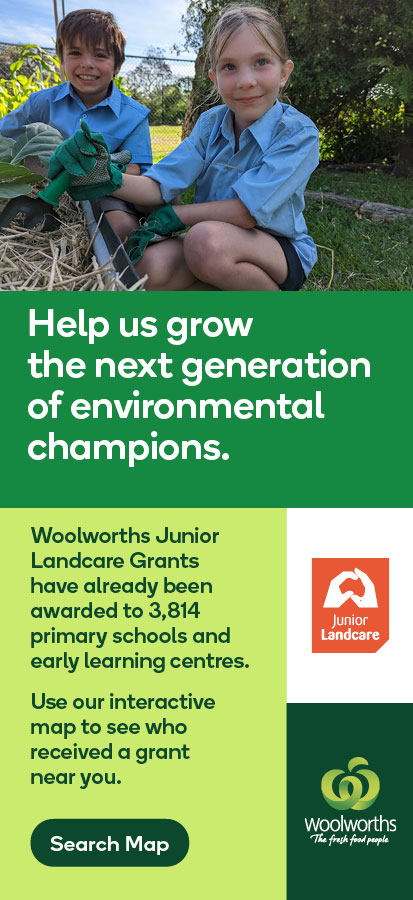 Photo of children planting, with text and colourful design representing planting